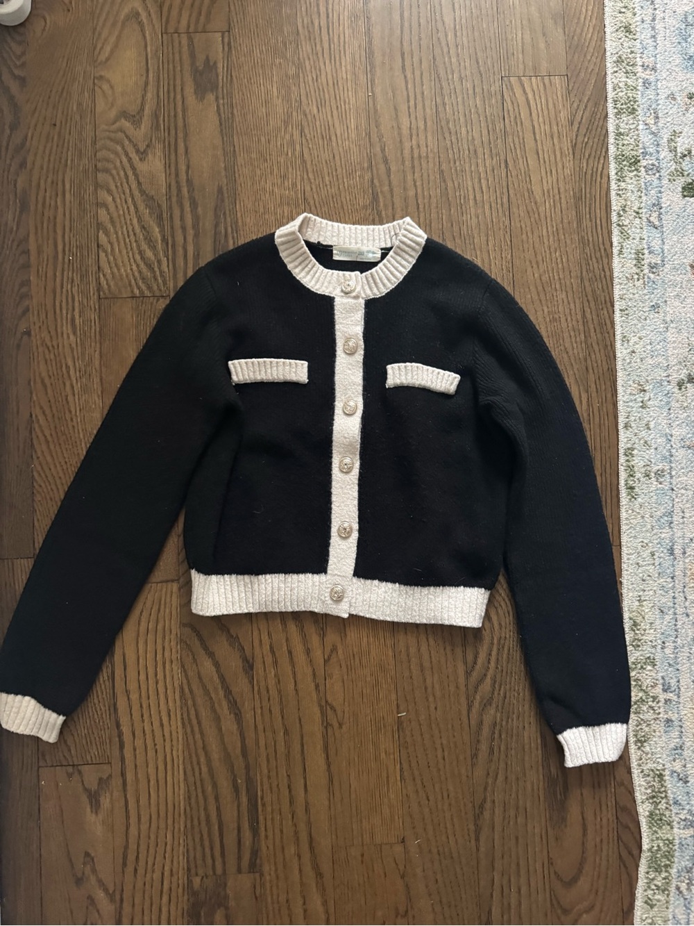 Zara Black Cardigan with Cream Trim and Pearl Buttons